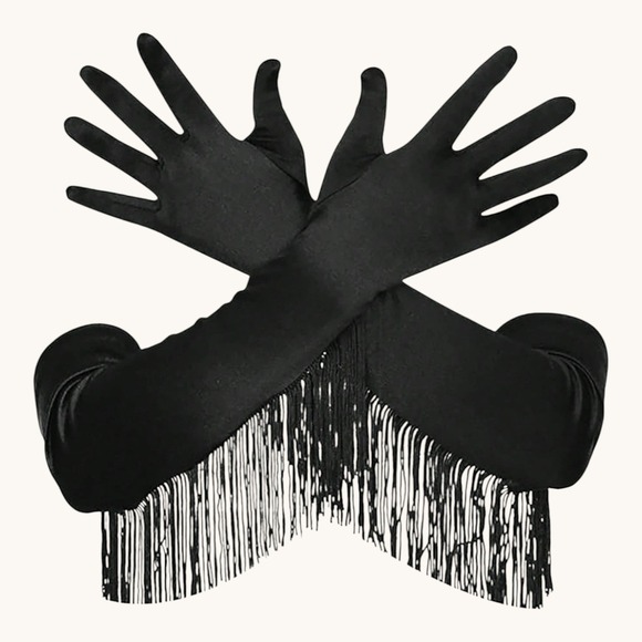 Molliwater Accessories - New Black Fringe Trim Satin Opera Length Long Evening Gloves Formal